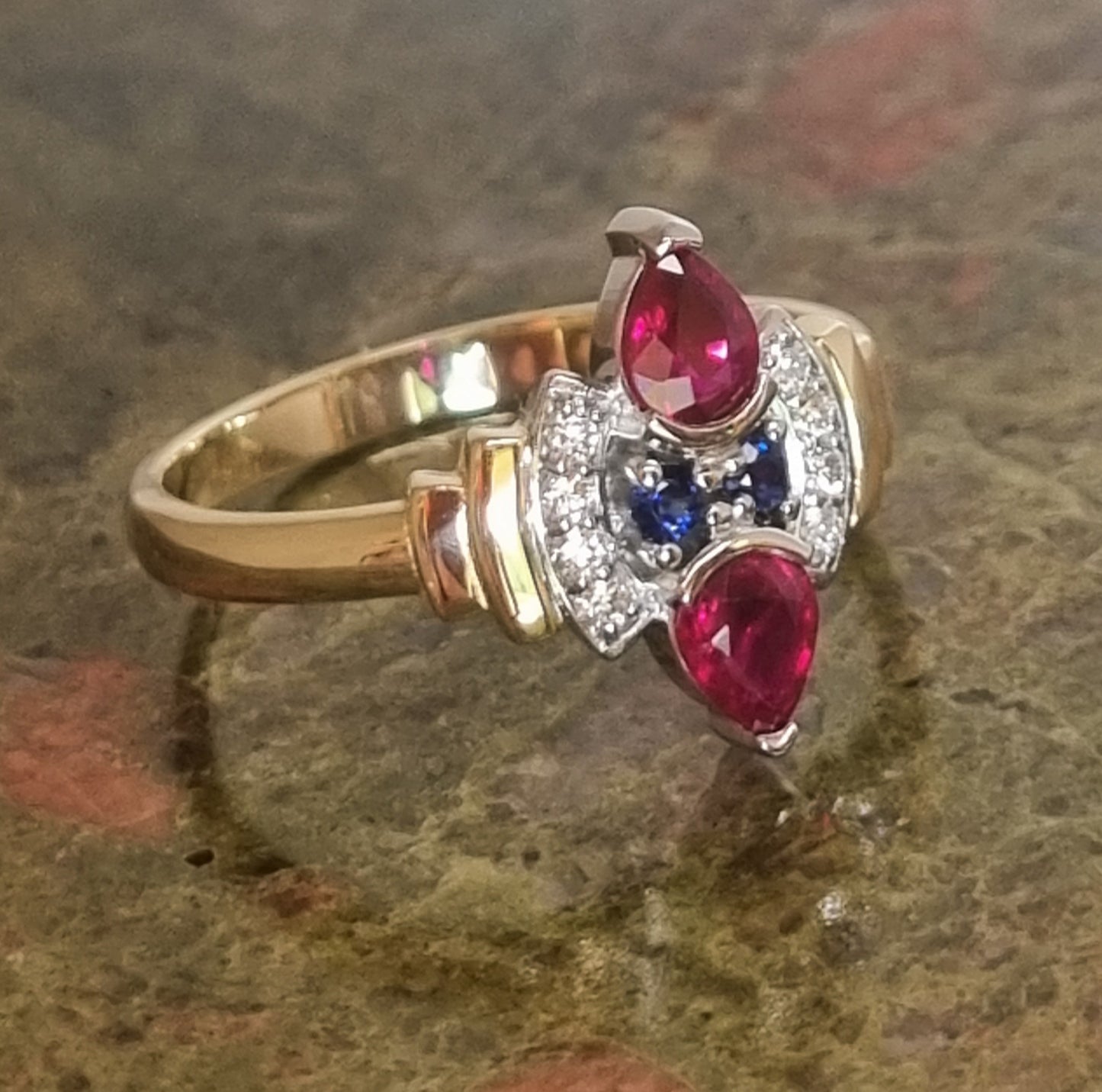 Art Deco Style Ruby, Sapphire and Diamond ring design #01972