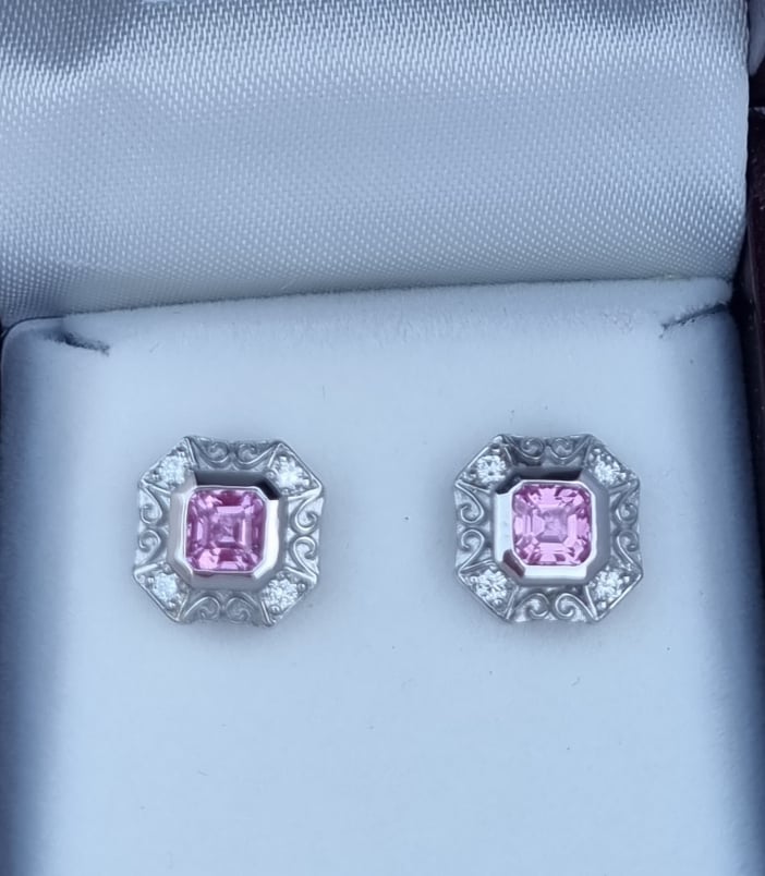 Elegant Natural Pink Sapphire & Diamond Stud Earrings